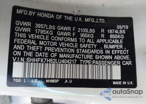 2020 Honda Civic Ex from USA, damaged, VIN SHHFK7H62LU404217